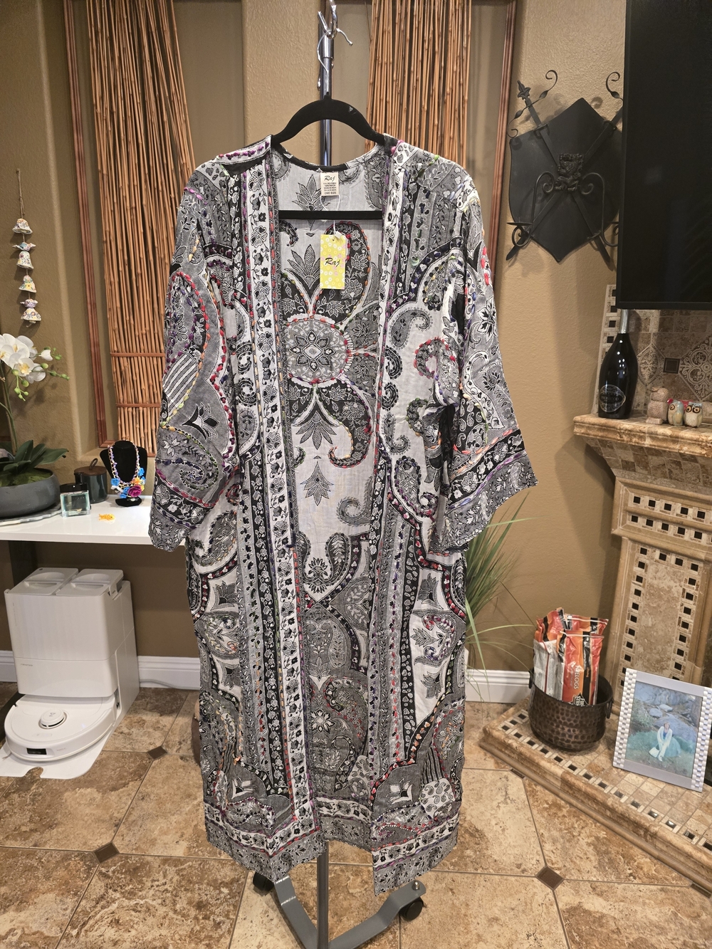 Raj Gray Paisley Maxi Kimono Dress with Pink Accents